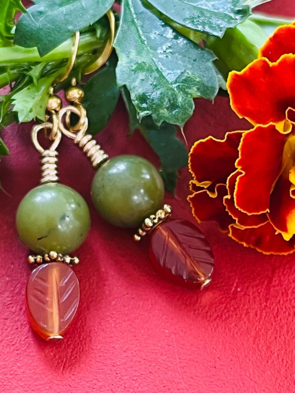 Gemstone Jade and Carnelian Earrings | Boho Leaf Dangle Earrings